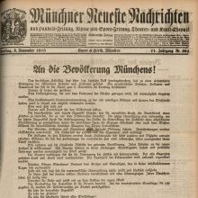 Proklamation des Freistaats Bayern durch den Arbeiter- und Soldatenrat unter Kurt Eisner in den Münchner Neuesten Nachrichten