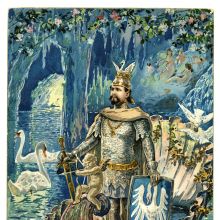 Postkarte mit König Ludwig II. in der Muschel-Gondel auf dem See der Blauen Grotte von Linderhof, 1
